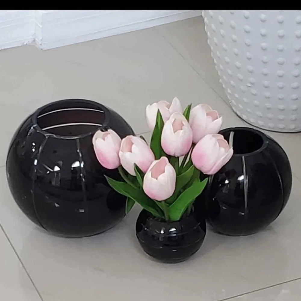 Elegant Vintage Set of 3 Black Ball Vase